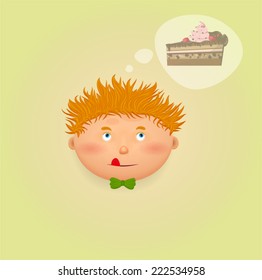 redhead thinks about slice of cake and lick 