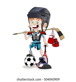 Redhead toothless all-around sports boy with many different sportive equipment - stock vector