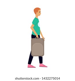 Redhead tourist man in tshirt and pants carrying a suitcase or bag. Young male tourist goes on a travel or tour with luggage, flat vector illustration.