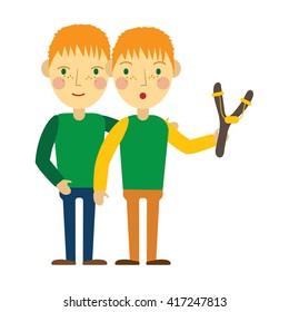 Redhead twins with freckles and slingshot. People character kid Vector illustration isolated on white background.