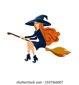 Redhead witch flying on a broom. Character isolated on white background. Halloween concept.