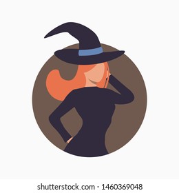 Redhead witch in hat on brown round background. Halloween, cartoon characters, costume. Vector illustration for poster, leaflet, brochure