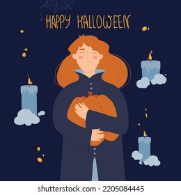 Redhead witch with pumpkin and flying candles. Vector Halloween illustration for greeting cards.