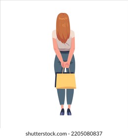 Redhead Woman Character with Bags Standing Back View Vector Illustration