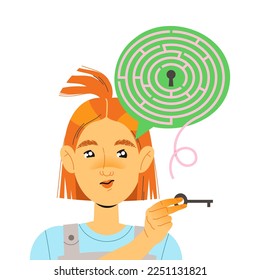 Redhead Woman Character with Convergent Type of Thinking with Key and Labyrinth as Mindset Model in Her Head Vector Illustration