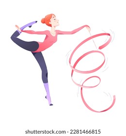 Redhead Woman Character with Gymnastics Ribbon Engaged in Sport Physical Activity Vector Illustration