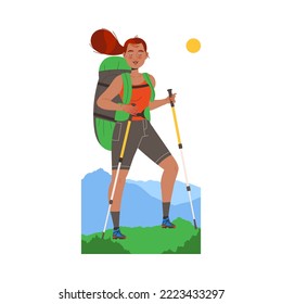 Redhead Woman Character Hiking in the Mountains with Pole and Backpack Vector Illustration