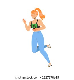 Redhead Woman Character Participating in Marathon Running in Sportswear with Number Vector Illustration