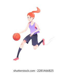 Redhead Woman Character Playing Basketball Engaged in Sport Physical Activity Vector Illustration