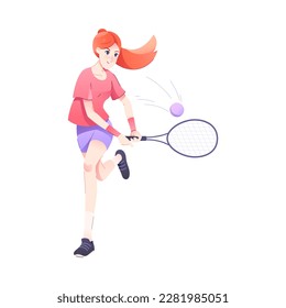 Redhead Woman Character Playing Tennis Engaged in Sport Physical Activity Vector Illustration