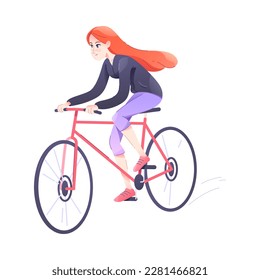 Redhead Woman Character Riding Bicycle Engaged in Sport Physical Activity Vector Illustration