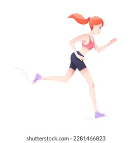 Redhead Woman Character Running Engaged in Sport Physical Activity Vector Illustration