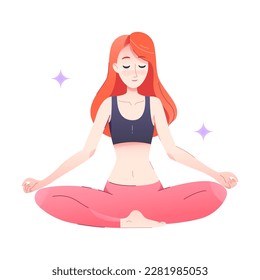 Redhead Woman Character Sitting in Lotus Yoga Pose Engaged in Sport Physical Activity Vector Illustration