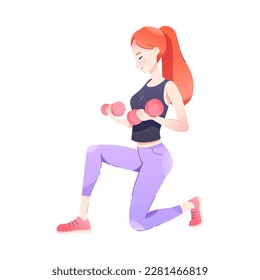 Redhead Woman Character Squatting with Dumbbells Engaged in Sport Physical Activity Vector Illustration