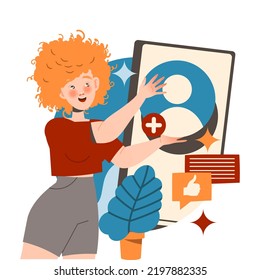 Redhead Woman Character Working with Information on Smartphone Screen Analyzing and Browsing Data Vector Illustration