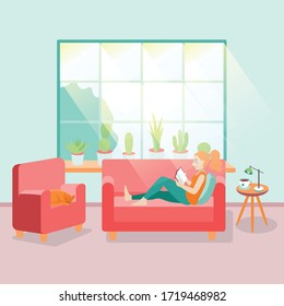 Redhead woman chilling and reading a book on couch at home with her cat lying close by and sunlight coming through the window illustration