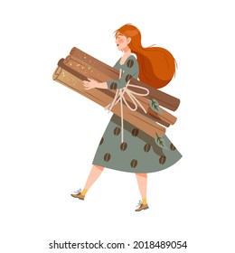 Redhead Woman Coffee Lover Carrying Pile of Dry Cinnamon Stick as Coffee Spice Vector Illustration