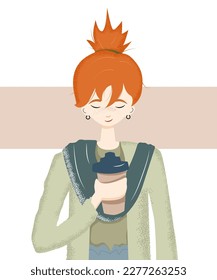 A redhead woman with a cup of take away coffee, vector art, portrait, character.