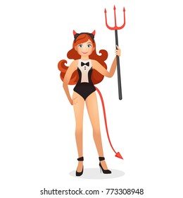 Redhead woman in devil costume with big trident