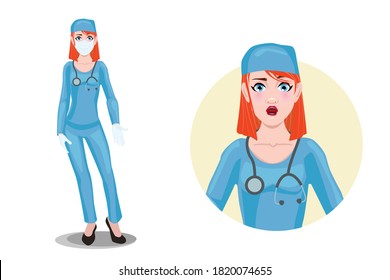 Redhead woman doctor in mask. Facial expression of a beautiful young female nurse. Emotion-shock.