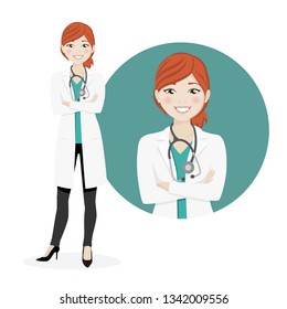 Redhead woman doctor on a white background