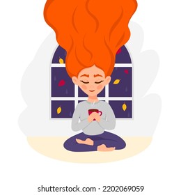 Redhead woman is drinking a cup of tea or coffee and relaxing by window with autumn leaves. Fall season lifestyle. Flat vector illustration.