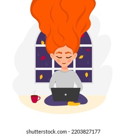 Redhead woman is drinking a cup of tea or coffee and working on laptop by window with autumn leaves. Fall season lifestyle. Flat vector illustration.
