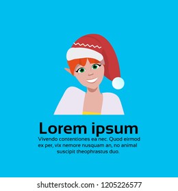 redhead woman face avatar red hat happy new year merry christmas concept flat female cartoon character portrait blue background copy space vector illustration