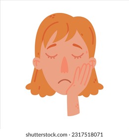 Redhead Woman Face with Sad Emotion and Head Upon Her Hand Vector Illustration