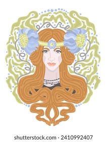 Redhead woman in flowers. Art nouveau isolated illustration.