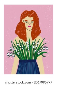 Redhead woman with flowers on her breast. Plant lady illustration. Feminine t-shirt design or poster.