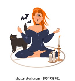 Redhead Woman as Fortune Teller or Psychic Sitting Cross Legged in Circle Predicting Future or Performing Occult Ritual Vector Illustration