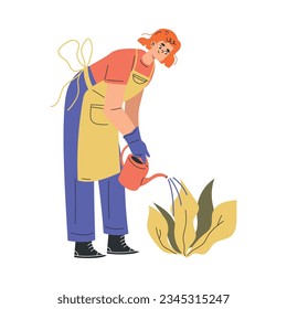 Redhead Woman Gardener Character in Apron Watering Plant Vector Illustration