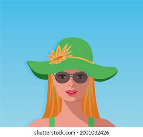 Redhead Woman In Green Big Sun Hat. Vector Illustration.