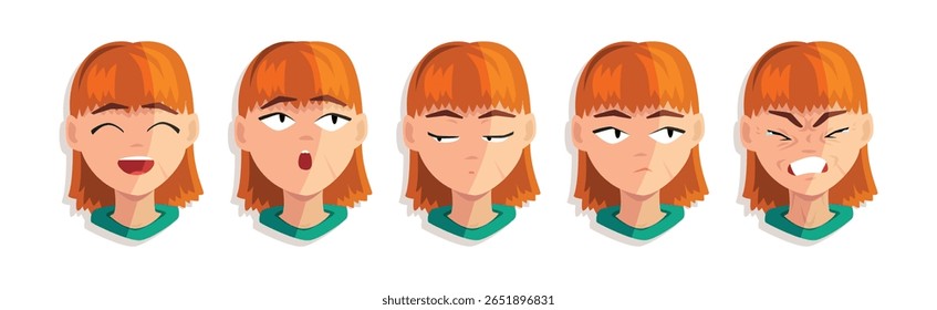 Cabeça de mulher ruiva e Avatar com conjunto de vetor de emoção
