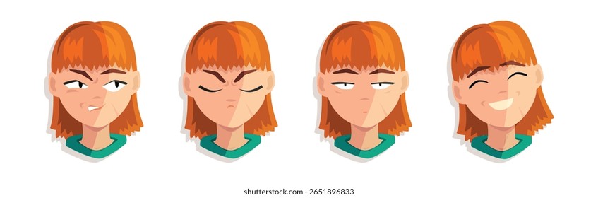 Cabeça de mulher ruiva e Avatar com conjunto de vetor de emoção