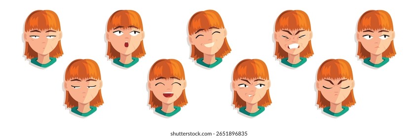 Cabeça de mulher ruiva e Avatar com conjunto de vetor de emoção