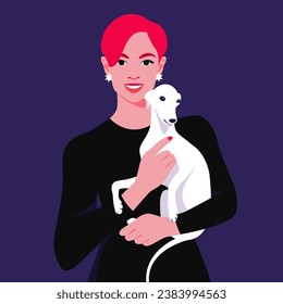 A redhead woman holding a puppy. Pet adoption and fostering.
Veterinary. Vector illustration in flat style