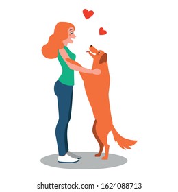 Redhead woman hugging her beloved dog illustration