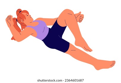 Redhead woman lying in pose: bent her knee. Girl relax in pajamas. Relaxed people dream while recreation. Happy female with ponytails rest. Flat isolated vector illustration on white background