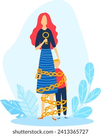 Redhead woman with magnifying glass and chains. Concept of analysis and restrictions. Solving problems, breaking free vector illustration.