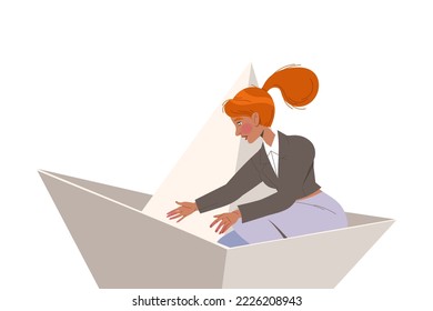 Redhead Woman in Office Clothes on Paper Boat Reaching Hand Helping Someone Vector Illustration