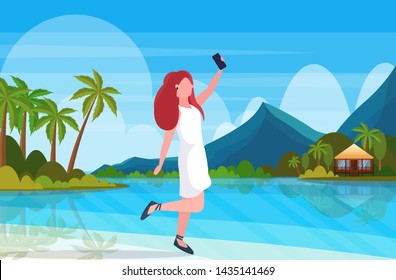 redhead woman on beach taking selfie photo on smartphone camera summer vacation concept female cartoon character posing tropical island seaside background flat full length horizontal