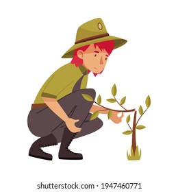 Redhead Woman as Park Ranger in Khaki Hat and Shirt Sitting Near Broken Tree in National Parkland Vector Illustration