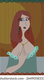 Redhead woman in party clothes, necklace and earrings with orange and brown abstract background.