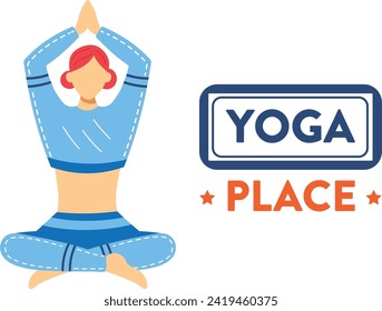 Redhead woman practicing yoga, sitting in lotus pose upside down. Yoga place sign nearby for mindfulness and relaxation. Calm female cartoon character meditating, fitness and peace concept. Yoga place