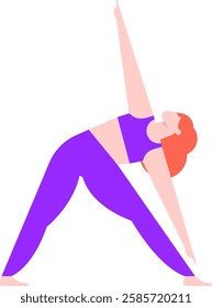 Redhead woman practicing yoga triangle pose, wearing purple sportswear, on white background, promoting healthy lifestyle and wellness through physical activity