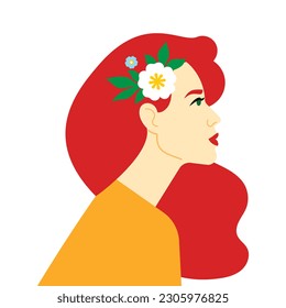 Redhead woman. Pretty face young woman, flowers in long red hair. Female portrait, side view. Minimalist style vector illustration.