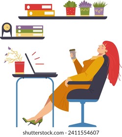 Redhead woman relaxing with coffee, laptop on desk, office plants on shelf. Casual business break, work from home vector illustration.