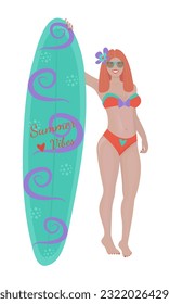 Redhead woman with a sailboard colorful illustration